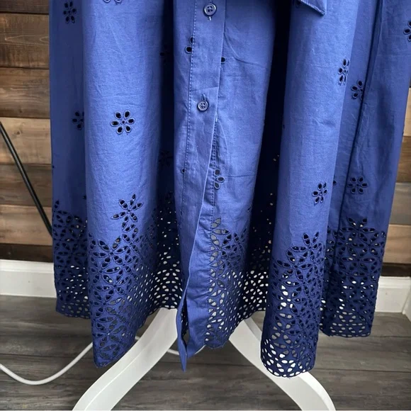 ME+EM Blue Cotton Broderie Shirt Dress Belted Maxi Eyelet Hem US 8 Quiet Luxury - Picture 8 of 16